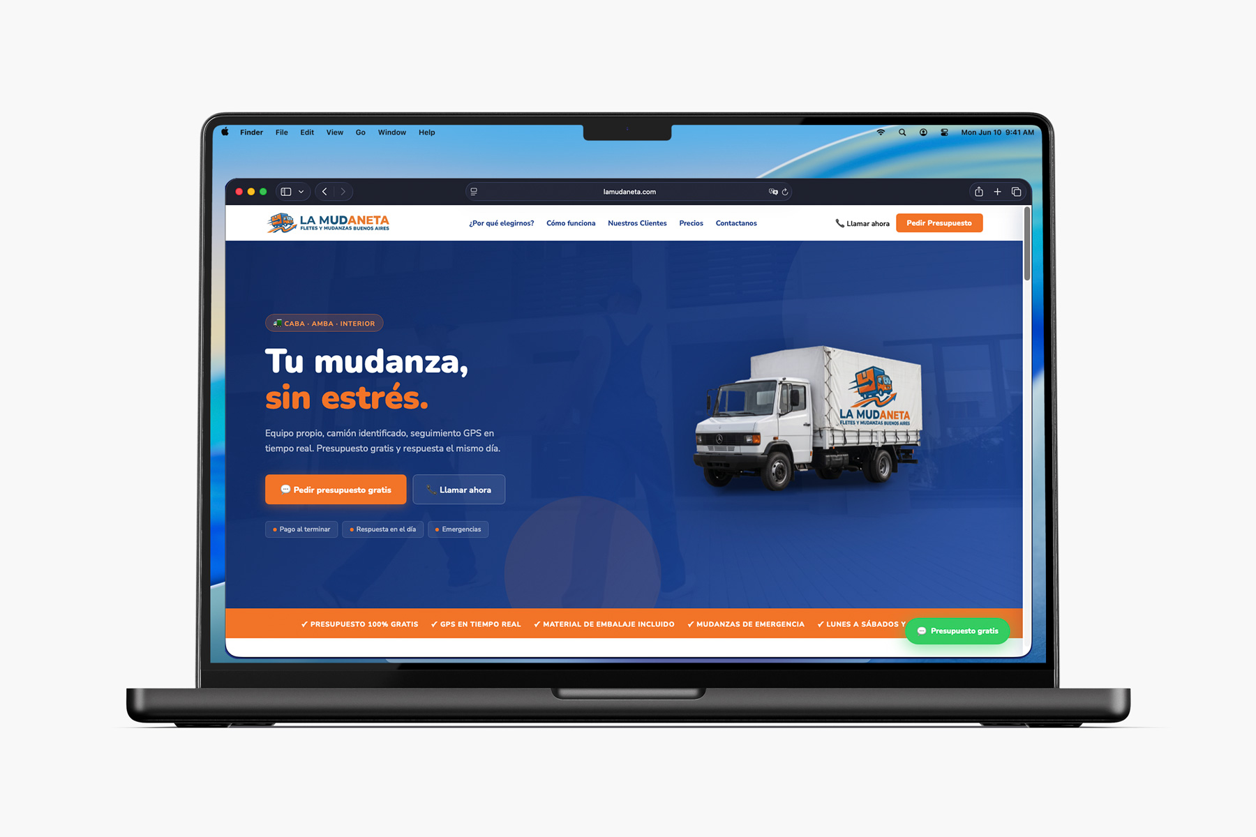 Mockup del sitio web de La Mudaneta, landing page de conversión para empresa de fletes y mudanzas en Buenos Aires, diseñada por Optium